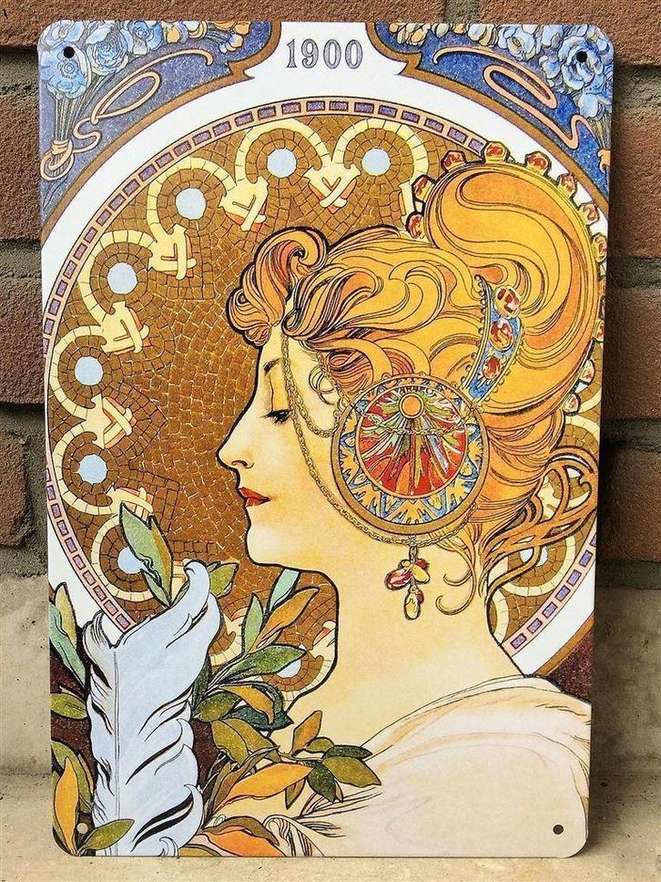 ALPHONSE MUCHA Jugendstil Dame 1900 kunst Wandbord Poster, Antiek en Kunst, Kunst | Tekeningen en Foto's, Verzenden