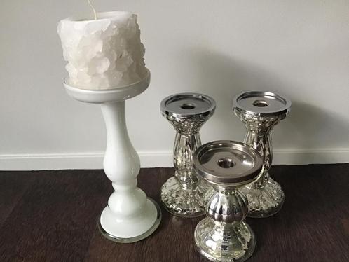 3 armeluizilveren kandelaars + 1 van wit glas, Huis en Inrichting, Woonaccessoires | Kandelaars en Kaarsen, Zo goed als nieuw