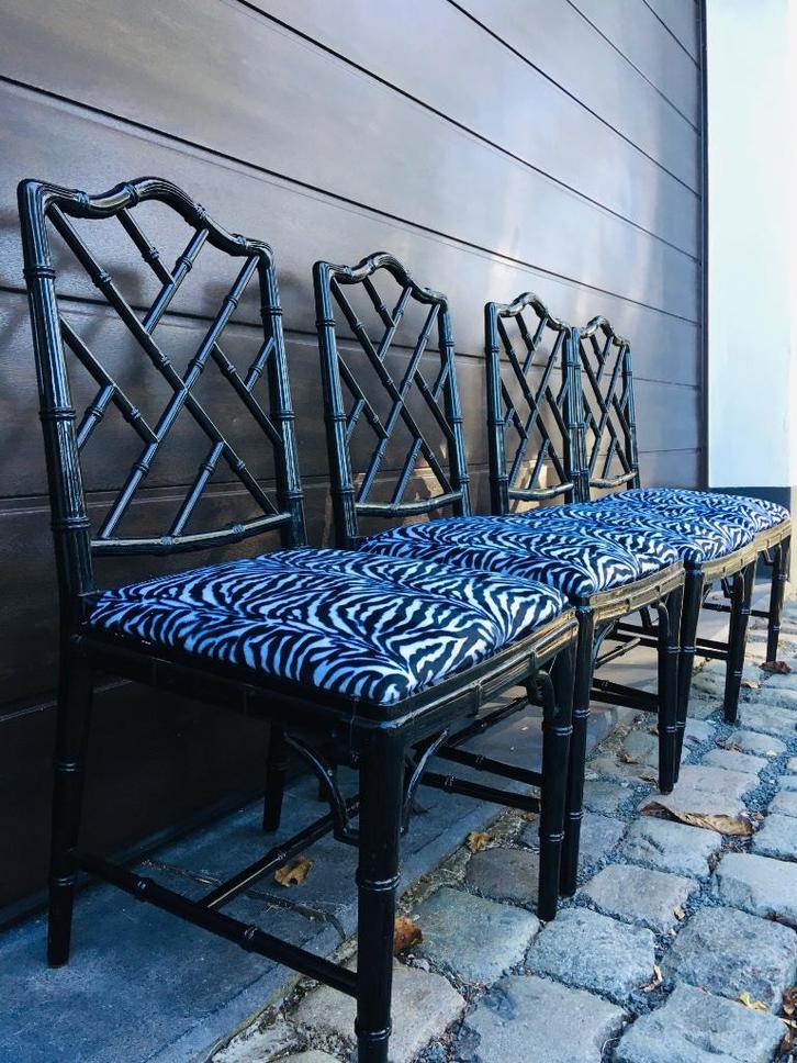 Unieke Jonathan Adler faux Bamboo stoelen, Huis en Inrichting, Stoelen, Hout, Stof, Ophalen