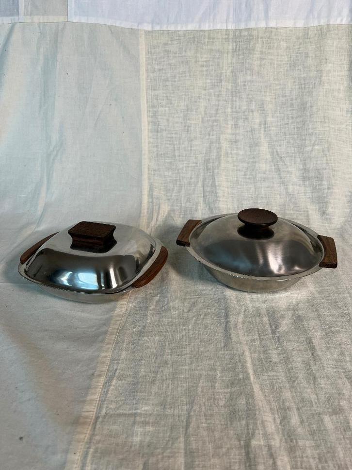 Scandinavisch design vintage serveerschalen teak RVS, Huis en Inrichting, Keuken | Keukenbenodigdheden, Gebruikt, Ophalen of Verzenden