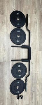 Zwarte squat bar/halterstang + bumperplates en collars, Ophalen of Verzenden, X, Nieuw, Halterstangen
