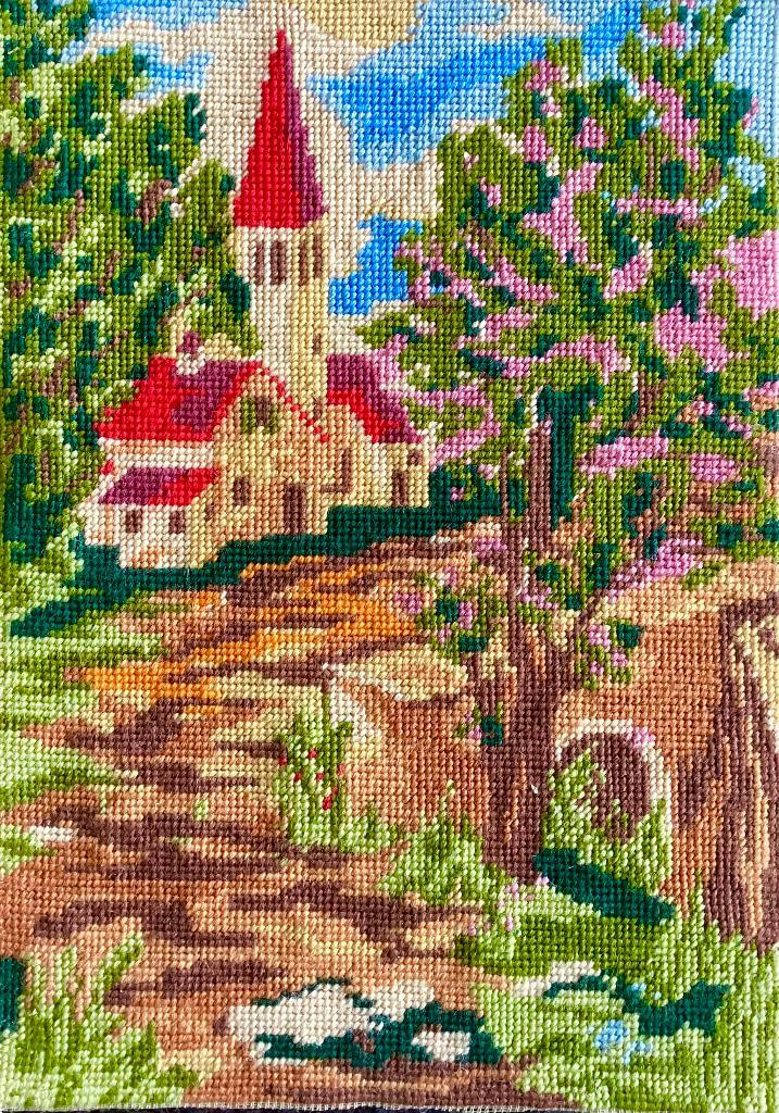 Borduurwerk, wol, landschap, kerk, boom, vintage, Hobby en Vrije tijd, Borduren en Borduurmachines, Gebruikt, Overige typen, Handborduren