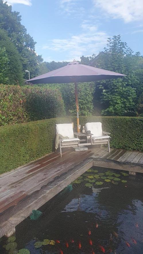 Tuinbank hardhout met parasol + granietenstandaard en kussen, Tuin en Terras, Tuinbanken, Gebruikt, Hout, Ophalen