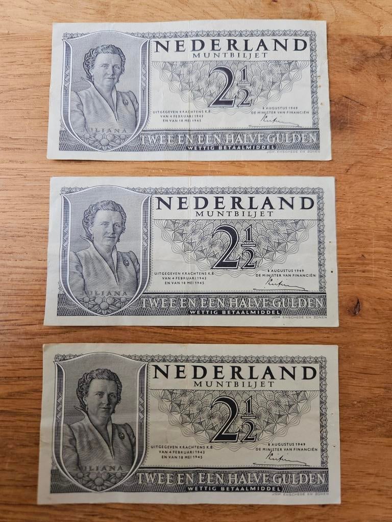 3x Nederlandse 2½ Gulden biljetten (1949), Ophalen of Verzenden, 2½ gulden, Setje