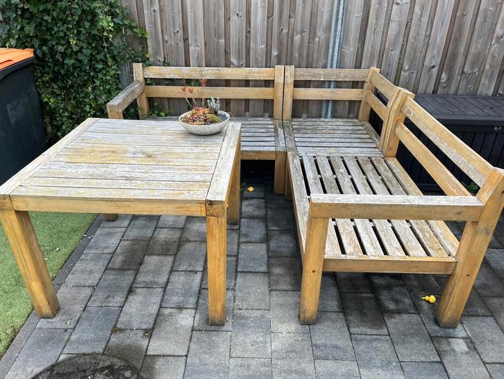 Loungeset van Acaciahout, Tuin en Terras, Tuinsets en Loungesets, Gebruikt, Loungeset, Hout, 5 zitplaatsen, Bank, Eettafel, Ophalen