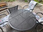 Tuinset met ronde tafel + 4 stoelen + kussens, Ophalen, Gebruikt, 4 zitplaatsen, Tuinset