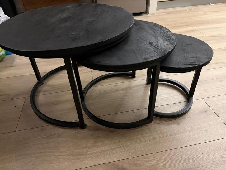 Set van 3 zwarte bijzettafels, Huis en Inrichting, Tafels | Bijzettafels, Zo goed als nieuw, Rond, Minder dan 45 cm, Minder dan 55 cm