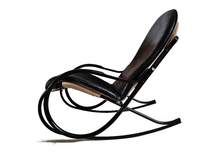 Fantastische leren vintage Paul Tuttle design schommelstoel, Huis en Inrichting, Stoelen, Gebruikt, Eén, Hout, Leer, Metaal, Zwart