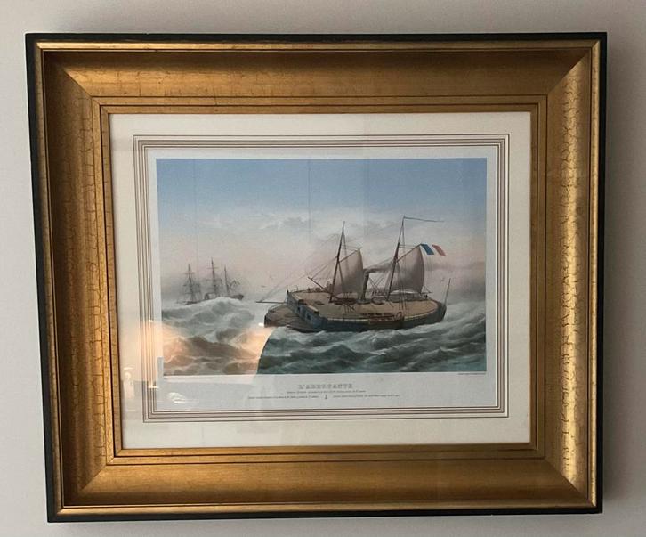 Lithografie van een Frans oorlogsschip, Antiek en Kunst, Kunst | Etsen en Gravures, Ophalen