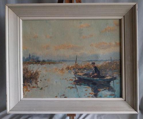 Visser in bootje - Gesigneerd - 1950, Antiek en Kunst, Kunst | Schilderijen | Klassiek, Ophalen of Verzenden