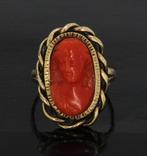 Antieke 14k gouden bloedkoraal camee dames ring handgemaakt