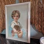 Brocante oud schilderijtje kind met hond teckel druk ac glas, Ophalen of Verzenden