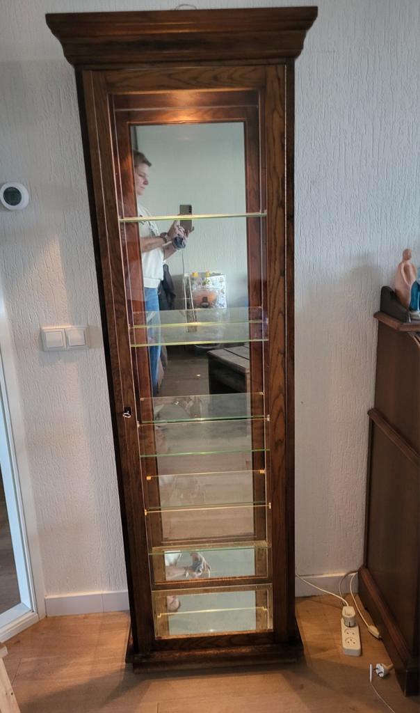 Donker Eiken Vitrinekast met Licht, Huis en Inrichting, Kasten | Vitrinekasten, Gebruikt, 50 tot 100 cm, 25 tot 50 cm, Eikenhout