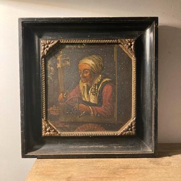 Antiek Schilderij Vrouw met Vogelkooi - 34x34 cm Stalen Plaa beschikbaar voor biedingen