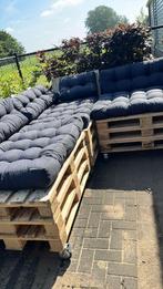 Palletbank 4-delig bank met kussens en tafel op wielen, Tuin en Terras, Ophalen, Gebruikt, Hout