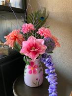 Handbeschilderde vaas met Zijden bloemen Set Zijde, Ophalen of Verzenden, Nieuw