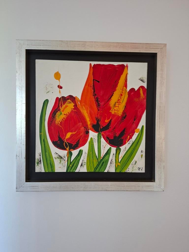 Mooi kleurrijk tulp schilderij, 67 x 67 cm, Antiek en Kunst, Kunst | Schilderijen | Modern, Ophalen of Verzenden