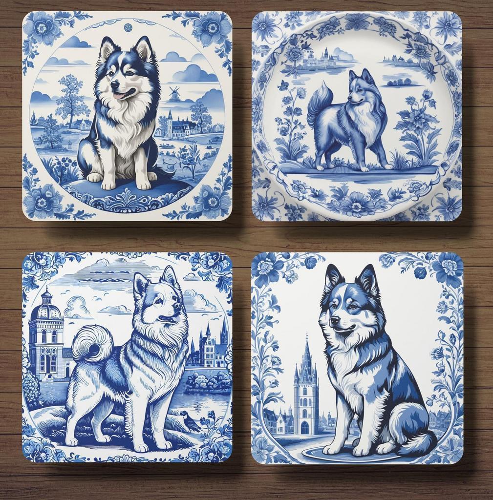 Pomsky Delfts Blauw onderzetters met houder, Ophalen of Verzenden, Nieuw, Glas of Kopje