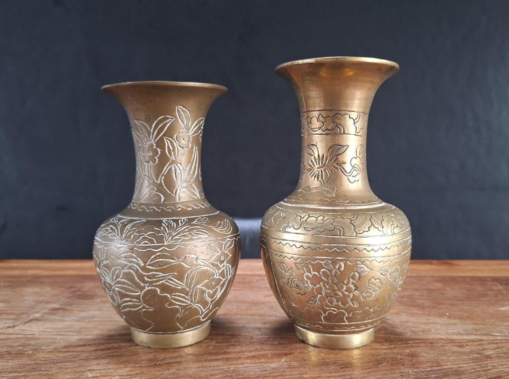 vintage koper messing brons Chinese vaasjes 18 en 19cm hoog, Ophalen of Verzenden