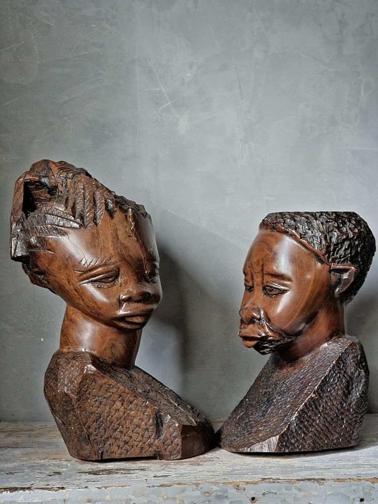 Set vintage handgesneden Afrikaanse houten bustes, Overige onderwerpen, Buste, Ophalen of Verzenden, Hout
