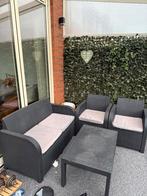 Zwarte wicker loungeset met bank, stoelen en tafel, 4 zitplaatsen, Gebruikt, Ophalen of Verzenden, Loungeset