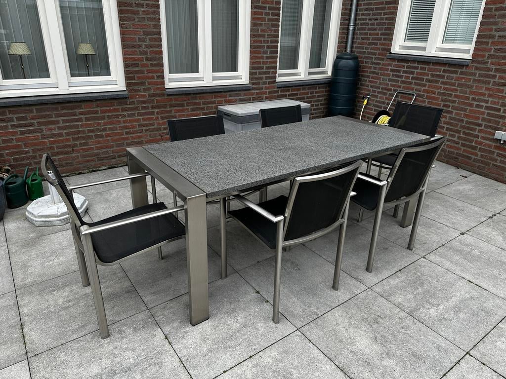 RVS tuinset met natuurstenen blad en 6 stoelen, Tuin en Terras, Tuinsets en Loungesets, Ophalen, Gebruikt, Eettafel, 6 zitplaatsen