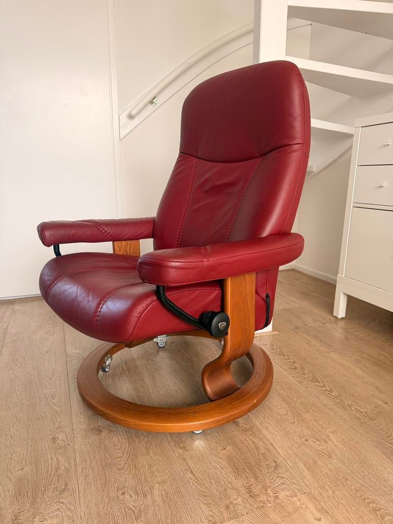 Originele design Stressless relax fauteuil draaibaare stoel, Ophalen, Zo goed als nieuw, Leer, 50 tot 75 cm