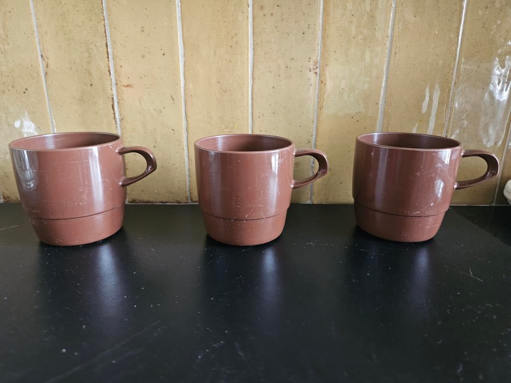 3x bruin vintage koffie kopjes Mepal, Ophalen of Verzenden, Gebruikt