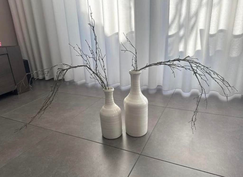 Set van 2 witte vazen met decoratieve takken, Overige materialen, Gebruikt, Wit, Ophalen of Verzenden