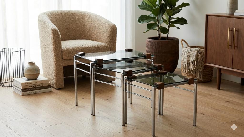 Vintage jaren 70 nesttafels/bijzettafels, rookglas, Huis en Inrichting, Tafels | Salontafels, Ophalen, Rond, Minder dan 50 cm