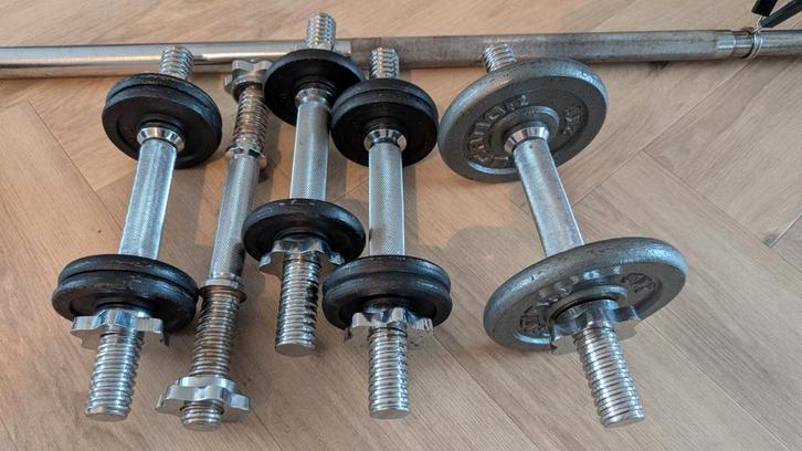 Complete Home Gym Set: Halters, Gewichten en Stang, Sport en Fitness, Fitnessmaterialen, Gebruikt, Dumbbell, Armen, Benen, Borst