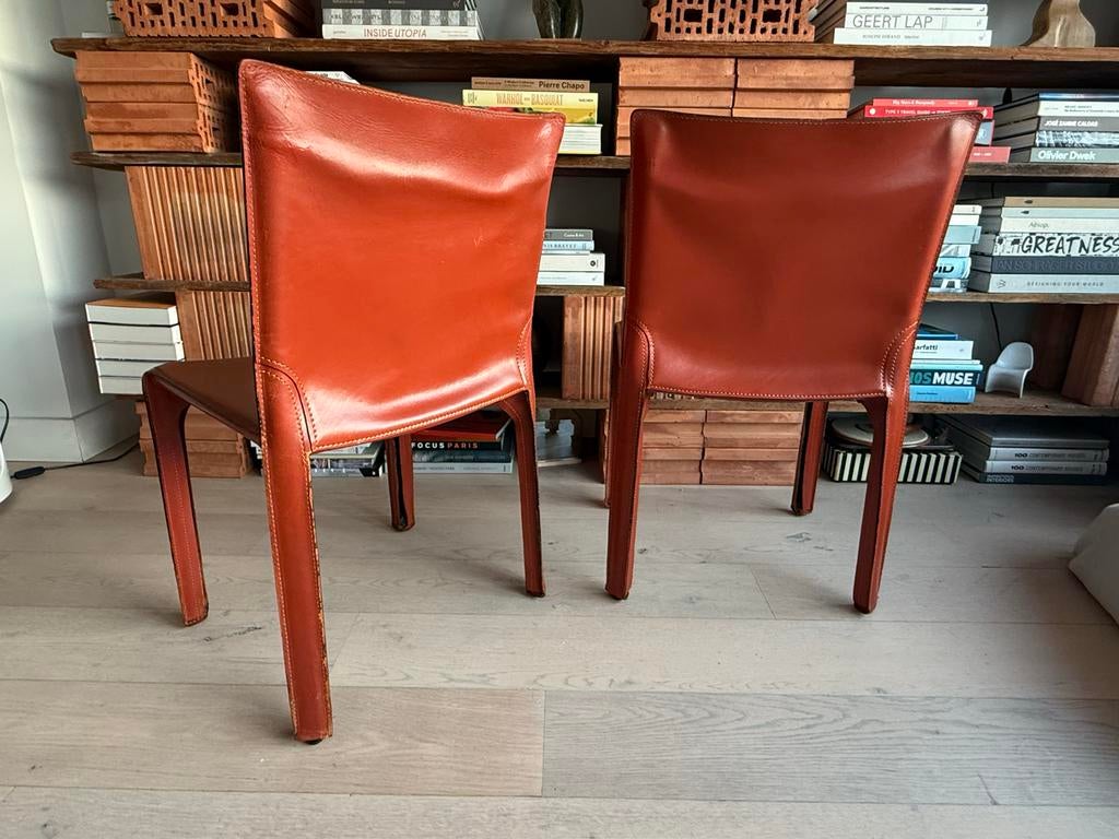 Vintage set van 2 Cassina Cab 413 stoelen Mario Bellini 1980, Ophalen, Gebruikt, Twee, Bruin