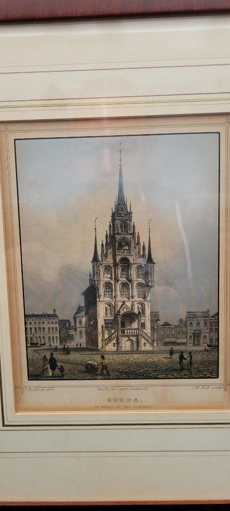 Stadhuis van Gouda door JM Kolb, Antiek en Kunst, Kunst | Etsen en Gravures, Ophalen of Verzenden
