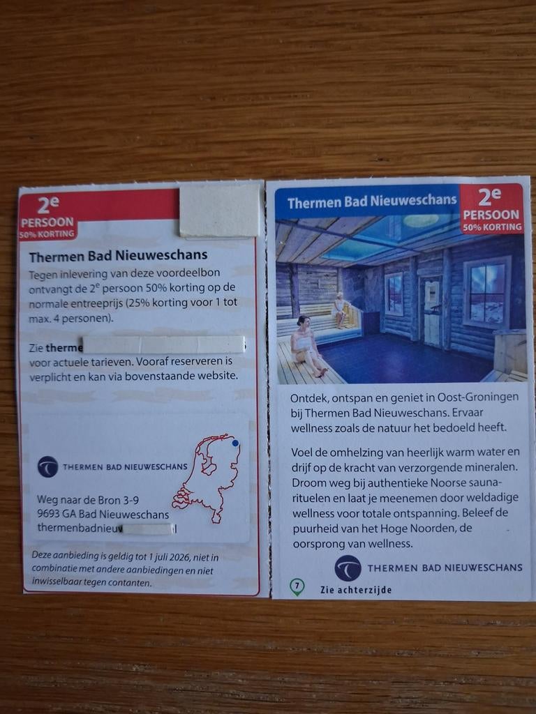 SAUNA THERMEN BAD NIEUWESCHANS 2E PERSOON 50% KORTING!, Tickets en Kaartjes, Twee personen, Kortingsbon, Spa of Sauna