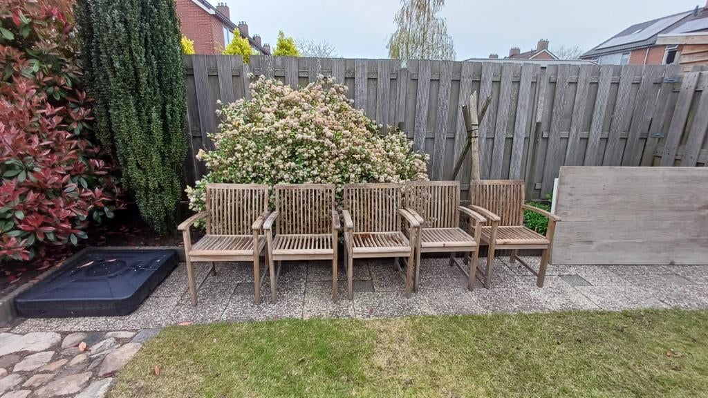 6 Teakhouten Tribu tuinstoelen met kussens, Tuin en Terras, Ophalen, Gebruikt, Teakhout