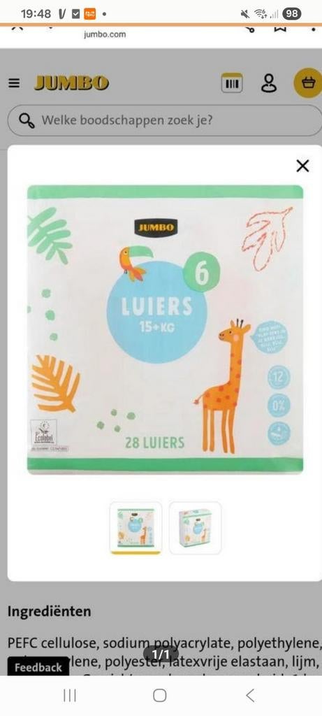 Jumbo luiers maat 6 (15+ kg), 28 stuks, Ophalen of Verzenden