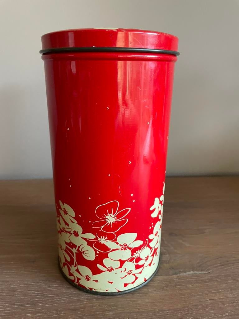 Vintage Hooimeijer Beschuitbus rood met bloemmotief, Verzamelen, Blikken, Ophalen of Verzenden, Gebruikt, Beschuit, Overige merken
