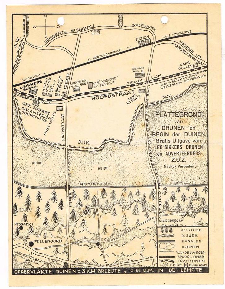 Plattegrond van Drunen en begin der Duinen ca. 1935 Sikkers, Verzamelen, Merken en Reclamevoorwerpen, Gebruikt, Overige typen
