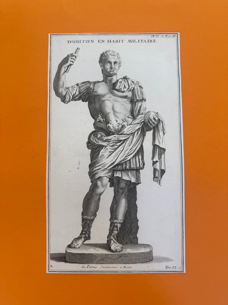Antieke gravure“Domitien en habit militaire”–Romeinse keizer, Ophalen of Verzenden