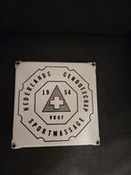 5 mooie Emaille Bordjes Sportmassage uit 1954 Enz, Ophalen of Verzenden, Gebruikt