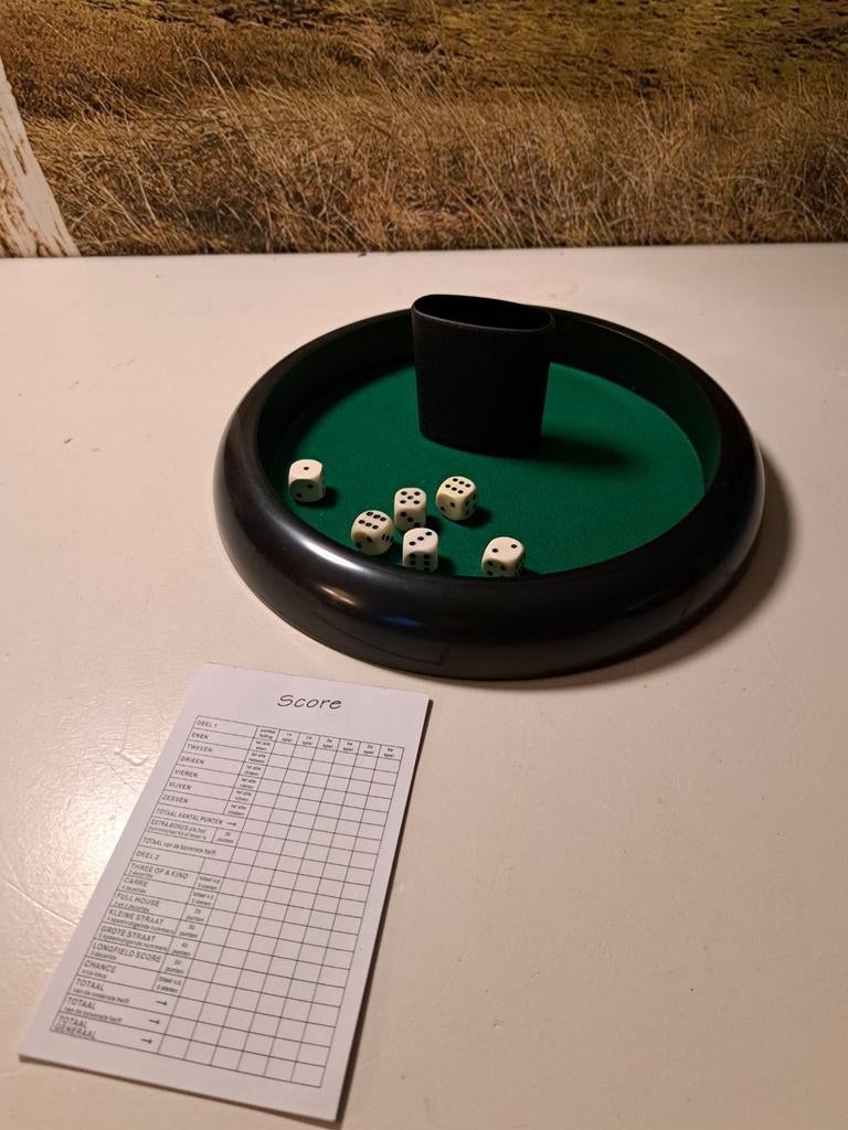 Dobbelbak met schudbeker en dobbelstenen, Hobby en Vrije tijd, Ophalen of Verzenden, Zo goed als nieuw