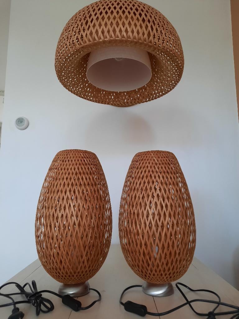 IKEA BOJA bamboe lampen set. 2 x tafellamp, 1x hanglamp, Ophalen, Zo goed als nieuw, Minder dan 50 cm
