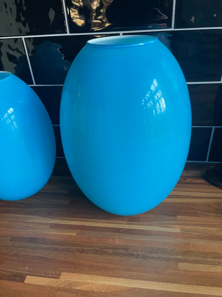 Twee blauwe vazen, Huis en Inrichting, Woonaccessoires | Vazen, Ophalen, Blauw, Minder dan 50 cm, Glas