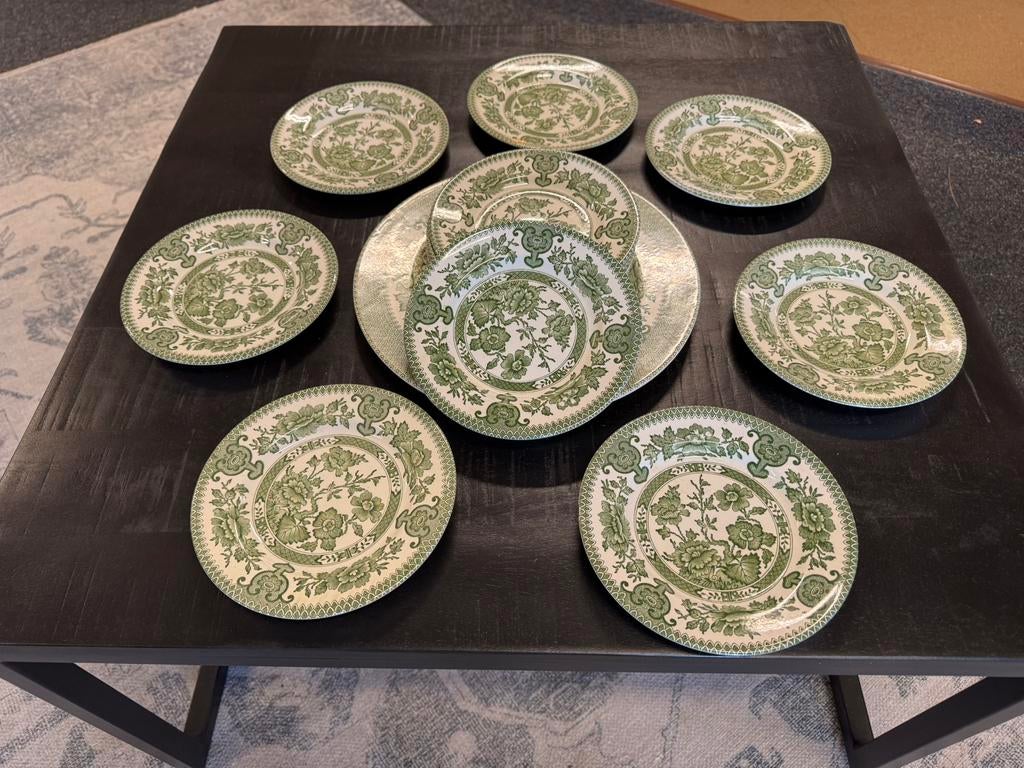 Indian Tree gebakservies 13 delig Groen Bloemenmotief, Antiek en Kunst, Antiek | Servies compleet, Ophalen