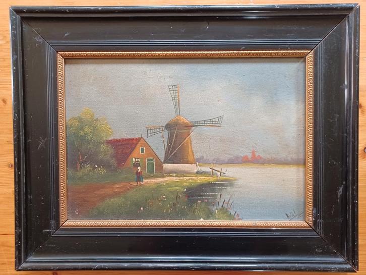Schilderij van Dijk: Hollandse Molen aan het Water, Antiek en Kunst, Kunst | Overige Kunst, Ophalen of Verzenden