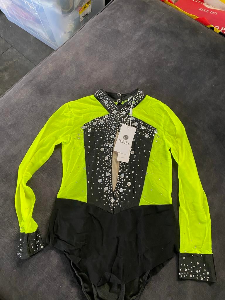 Nieuw Turnpakje Iefiel Zwart Neongeel met Strass Maat 122-12, Sport en Fitness, Zwart, Nieuw, Turnpak(je), Kindermaat 122 t/m 140