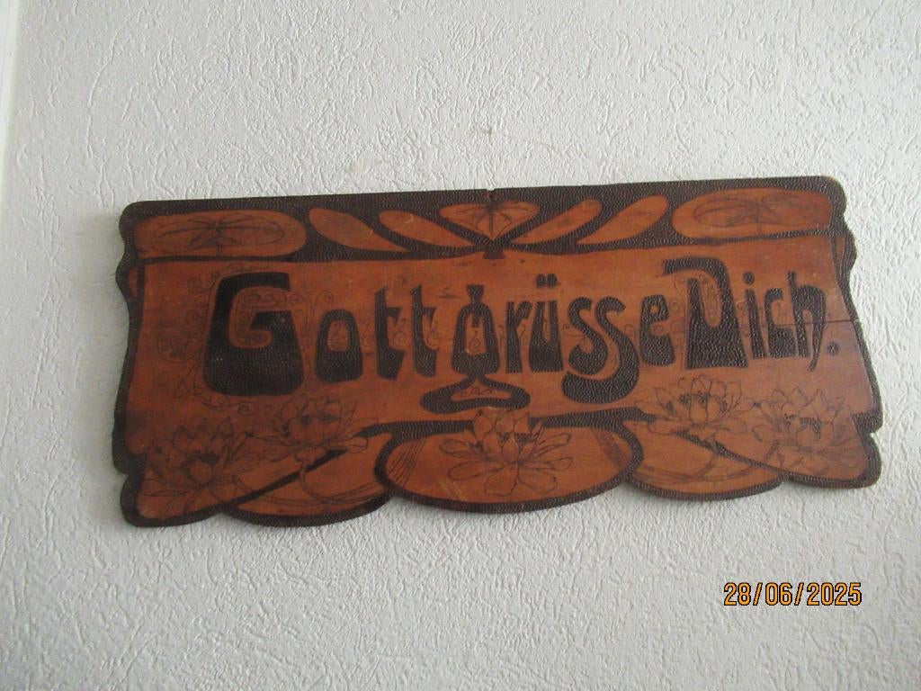 ART NOUVEAU HOUTEN LIJST - SPREUK- GOTT GRUSSE DICH- CA 1910, Antiek en Kunst, Kunst | Beelden en Houtsnijwerken, Houtsnijwerk