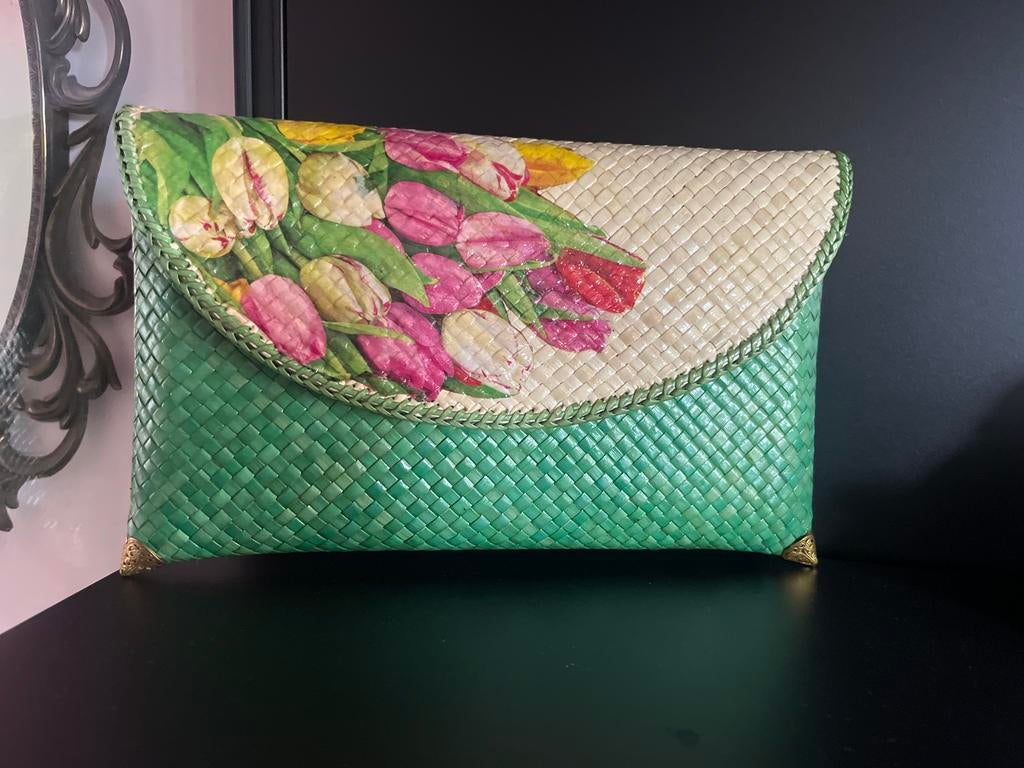 Gevlochten tasje met tulpenprint, Ophalen of Verzenden, Gebruikt, Groen, Avondtasje