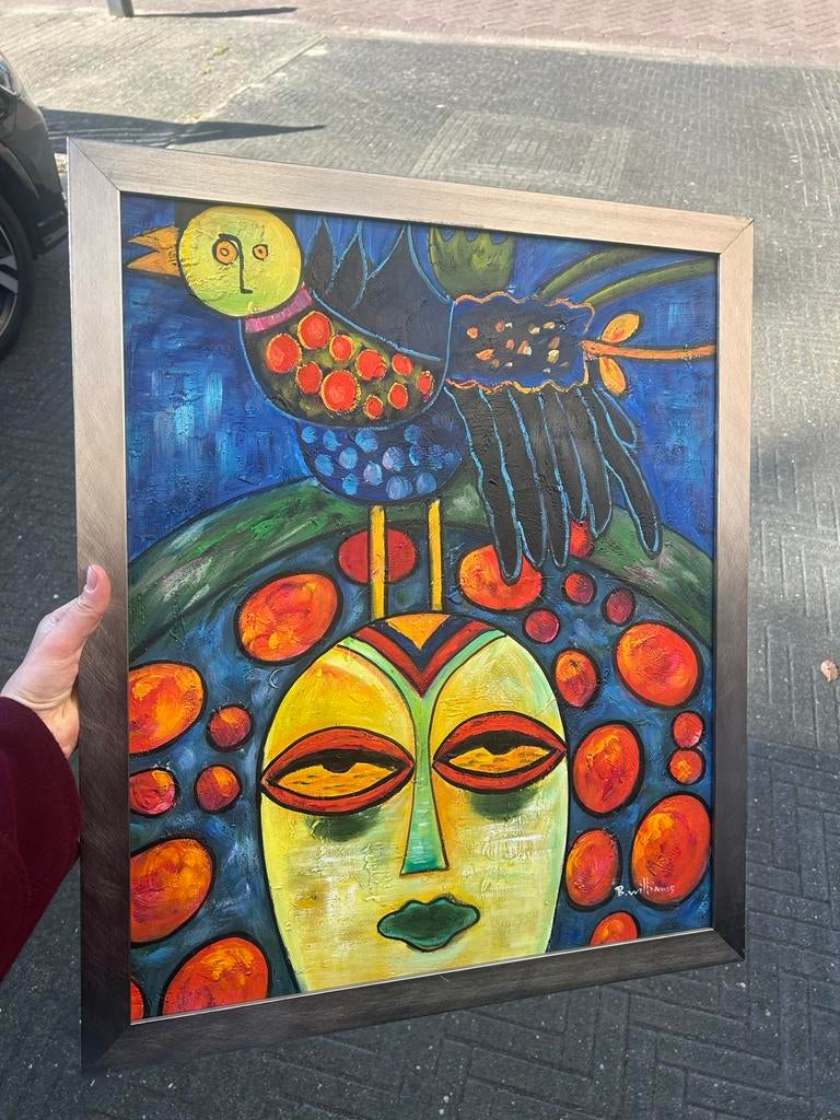 Kleurrijk Schilderij: Afrikaans Gezicht en Vogel, Antiek en Kunst, Ophalen of Verzenden