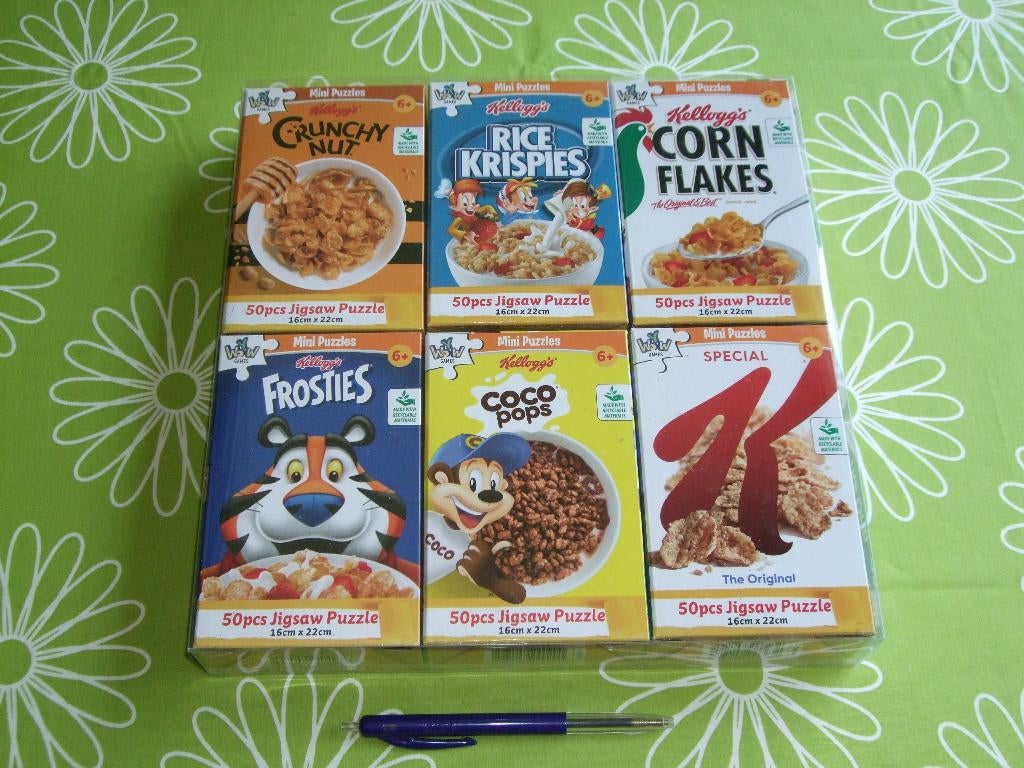 Nieuw in seal: 6 mini Kelloggs puzzels ontbijtgranen, Ophalen of Verzenden, Minder dan 500 stukjes, Nieuw, Legpuzzel
